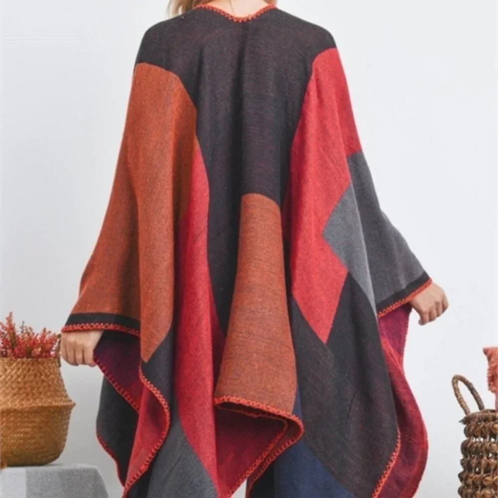 OPEN FRONT GEOMETRIC RECTANGLE PRINT WRAP KIMONO SHAWL - Picture 2 of 5